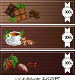 Set of banners with coffee and cocoa.Vector illustration with a set of posters with coffee, cocoa and chocolate on colored backgrounds.