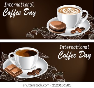 Set of banners with coffee cups.Vector banners with the concept of international coffee day for advertising and marketing.Coffee in cups on a colorful abstract background.