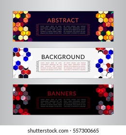 Set banners collection with abstract polygonal mosaic backgrounds. Geometric Hexagons patterns, vector illustration. Design templates for your web projects.