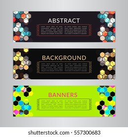 Set banners collection with abstract polygonal mosaic backgrounds. Geometric Hexagons patterns, vector illustration. Design templates for your web projects.