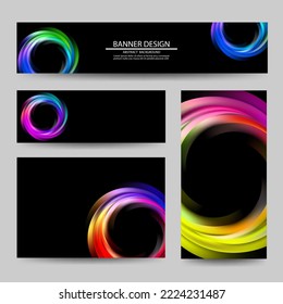 Set of banners with colored decorative grid circles on black background, design element