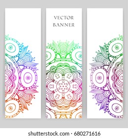 Set of banners with colorful ethnic Mandala ornament. Trendy boho, henna tattoo style. For greeting card, phone case print, web headers and banners