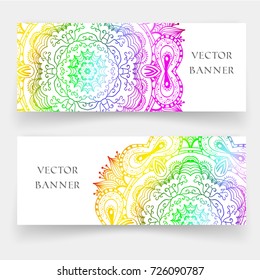 Set of banners with colorful ethnic Mandala ornament. Trendy boho, henna tattoo style. For greeting card, phone case print, web headers and banners