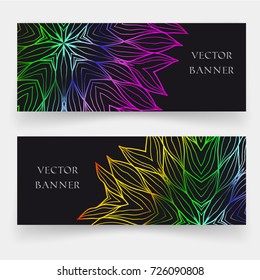Set of banners with colorful ethnic Mandala ornament. Trendy boho, henna tattoo style. For greeting card, phone case print, web headers and banners