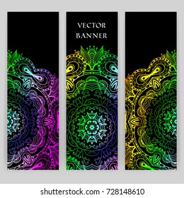 Set of banners with colorful ethnic Mandala ornament. Trendy boho, henna tattoo style. For greeting card, phone case print, web headers and banners