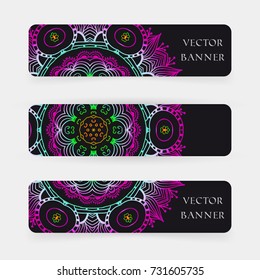 Set of banners with colorful ethnic Mandala ornament. Trendy boho, henna tattoo style. For greeting card, phone case print, web headers and banners