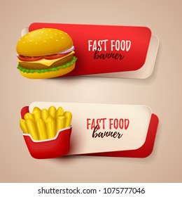 Set of banners with colorful objects on fast food theme. Vector Illustration
