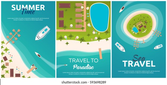 Set of banners Colorful Travel to Paradise. Tropical beach. Best cruise. Vector flat banner for your business