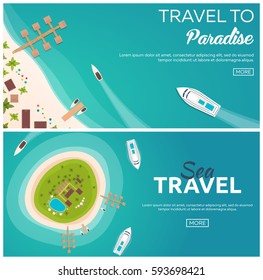 Set of banners Colorful Travel to Paradise. Tropical beach. Best cruise. Vector flat banner for your business