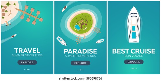 Set of banners Colorful Travel to Paradise. Tropical beach. Best cruise. Vector flat banner for your business