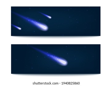 Set of banners with comets on starry night sky, realistic vector illustration.