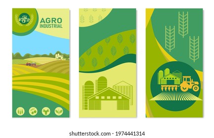 A set of banners with the concept of agriculture, crop production, and farming. Vector illustrations of farmland, rural landscape, tractor in the field.