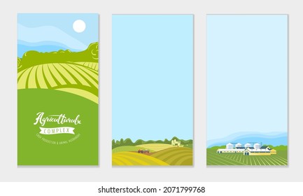 A set of banners with the concept of agriculture, crop production, and farming. Vector illustrations of farmland, rural landscape, tractor, combine harvester in the field.