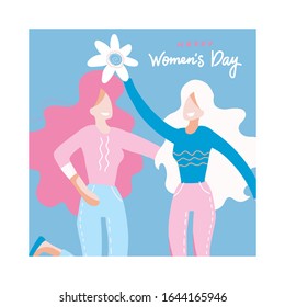 Set of banners with congratulations to the International Women's Day with a group of women holding a big banner, girls holding hands, girlfriends with glasses of wine and bouquet of flowers