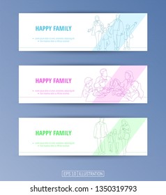 Set of banners. Continuous line drawing of happy family walking, family breakfast. Editable masks. Template for your design works. Vector illustration. 