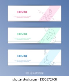 Set of banners. Continuous line drawing of girls doing yoga Templates for banner, brochure, book cover, booklet, applications or web  design. Editable mask. Vector illustration.