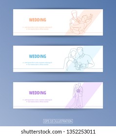 Set of banners. Continuous line drawing of bride and groom at wedding ceremony. Editable masks. Template for your design works. Vector illustration.