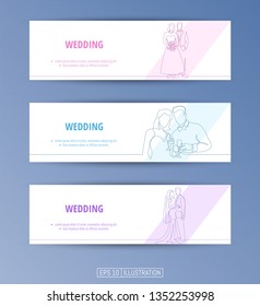 Set of banners. Continuous line drawing of bride and groom at wedding ceremony. Editable masks. Template for your design works. Vector illustration.