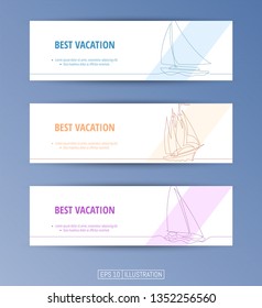 Set of banners. Continuous line drawing of yachts. Editable masks. Template for your design works. Vector illustration.