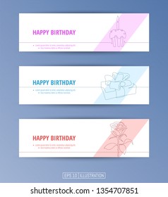 Set of banners. Continuous line drawing of birthday party symbols. Editable masks. Template for your design works. Vector illustration.