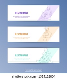 Set of banners. Continuous line drawing of restaurant symbols. Editable masks. Template for your design works. Vector illustration.