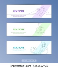 Set of banners. Continuous line drawing of healthcare symbols, doctor, patient, hospital. Editable masks. Template for your design works. Vector illustration.