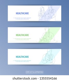 Set of banners. Continuous line drawing of healthcare symbols, doctor, patient, hospital. Editable masks. Template for your design works. Vector illustration.