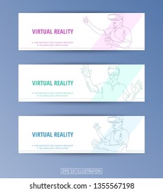 Set of banners. Continuous line drawing of man in virtual reality glasses. Editable masks. Template for your design works. Vector illustration.