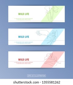 Set of banners. Continuous line drawing of animals. Editable masks. Template for your design works. Vector illustration.