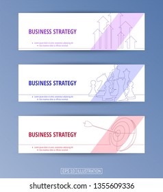 Set of banners. Continuous line drawing of business strategy symbols. Editable masks. Template for your design works. Vector illustration.