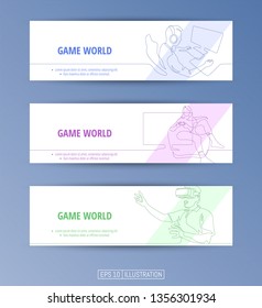 Set of banners. Continuous line drawing of gamers. Editable masks. Template for your design works. Vector illustration.
