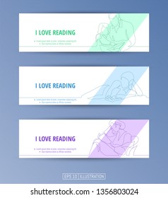 Set of banners. Continuous line drawing of reading people. Editable masks. Template for your design works. Vector illustration.
