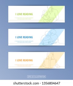 Set of banners. Continuous line drawing of reading people. Editable masks. Template for your design works. Vector illustration.