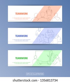 Set of banners. Continuous line drawing of business brief, presentation or training. Editable masks. Template for your design works. Vector illustration.