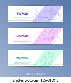 Set of banners. Continuous line drawing of business brief, presentation or training. Editable masks. Template for your design works. Vector illustration.