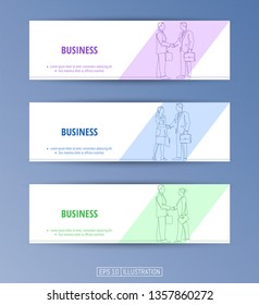 Set of banners. Continuous line drawing of businessmens handshake. Editable masks. Template for your design works. Vector illustration.