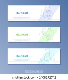 Set of banners. Continuous line drawing of healthcare symbols, doctor, patient, hospital. Editable masks. Template for your design works. Vector illustration.