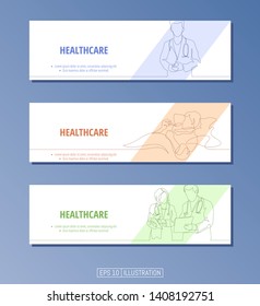 Set of banners. Continuous line drawing of healthcare symbols, doctor, patient, hospital. Editable masks. Template for your design works. Vector illustration.