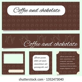 Set of banners and covers Coffee and Chocolate. Beige contour coffee pot on a brown background. With place for text or photo. Vector illustration for blogs, coffee shops or bakery menus