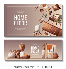 Set of banners with cozy armchair, chest of drawers, furniture, interior decor elements. Interior design, home decor, furniture, living room concept. Vector illustrations.