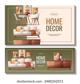 Conjunto de Anuncios con sofá acogedor, sillón, mesa de comedor, cómoda, decoración interior. Ilustración vectorial para Anuncio, promoción, publicidad.