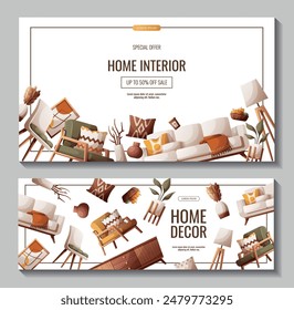 Set of banners with cozy sofa, chest of drawers, furniture, interior decor elements. Interior design, home decor, furniture, living room concept. Vector illustration for banner, promo, advertising.