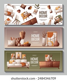 Set of banners with cozy sofa, chest of drawers, furniture, interior decor elements. Interior design, home decor, furniture, living room concept. Vector illustrations.