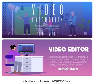 A set of banners for creating and editing video content. Flat vector scenes with characters making and editing videos. Colorful backgrounds with space for text.