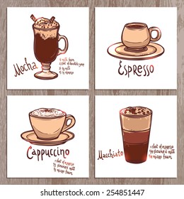 set of banners with cups of different kinds of coffee on the wooden background
