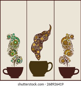 Set of banners with cups for tea and coffee and abstract steam