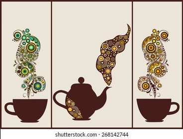 Set of banners with cups and teapot with abstract steam