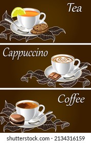 Set of banners with cups and text.Cups with coffee and tea on a colored background with text and decor in vector illustration.