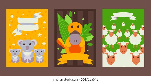 Set of banners with cute Australian animals in flat style, vector illustration. Platypus, koala and sheep, Australian wildlife symbols and mascots. Invitation to zoo, cards with exotic animals