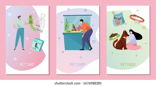 Set of banners with cute pets and male and female characters, vector illustration. Cards with text Pet Care, Pet food can be used for zoo and animal shops advertising.